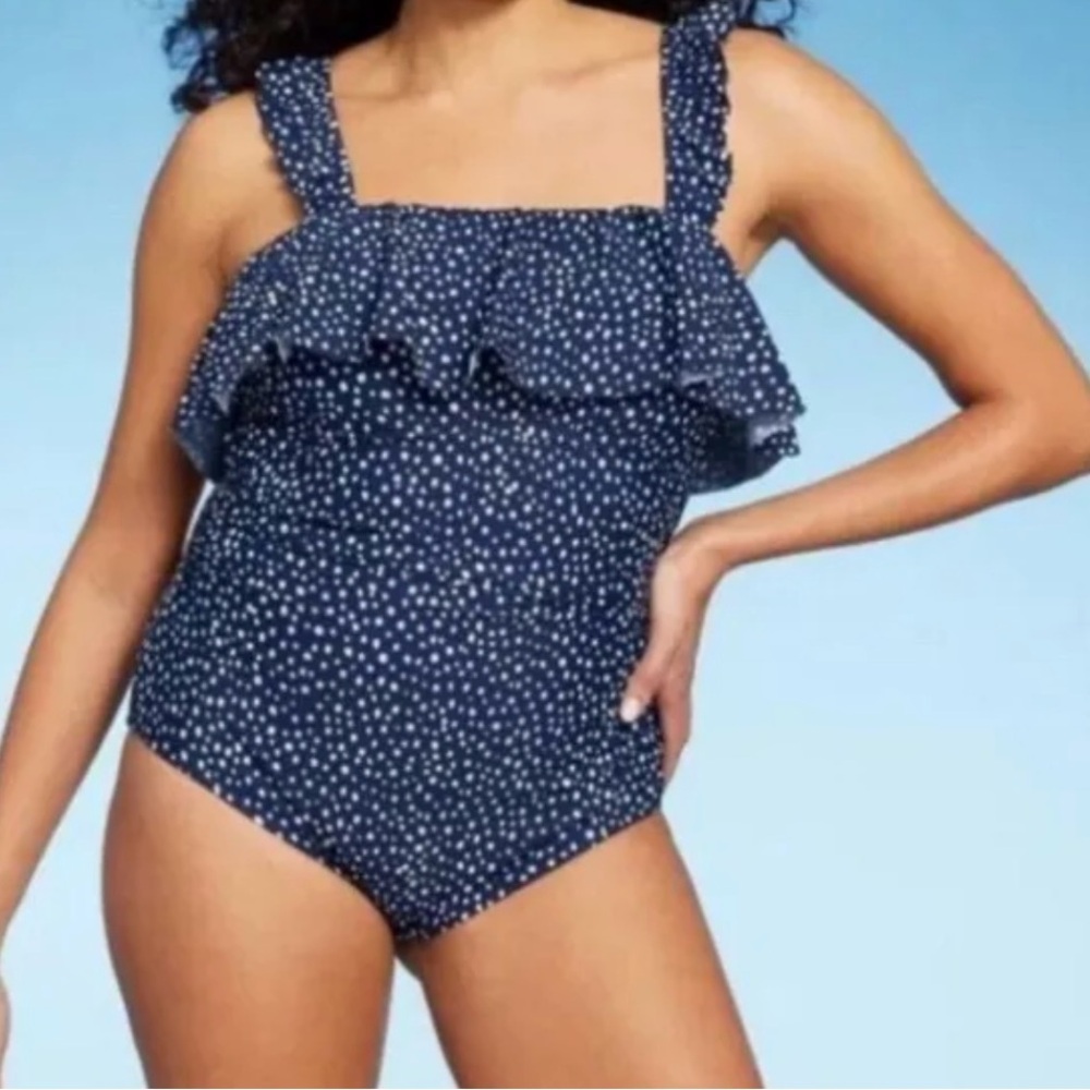 Kona Sol Women's Ruffle Full Coverage One Piece Swimsuit Blue Polka Dot